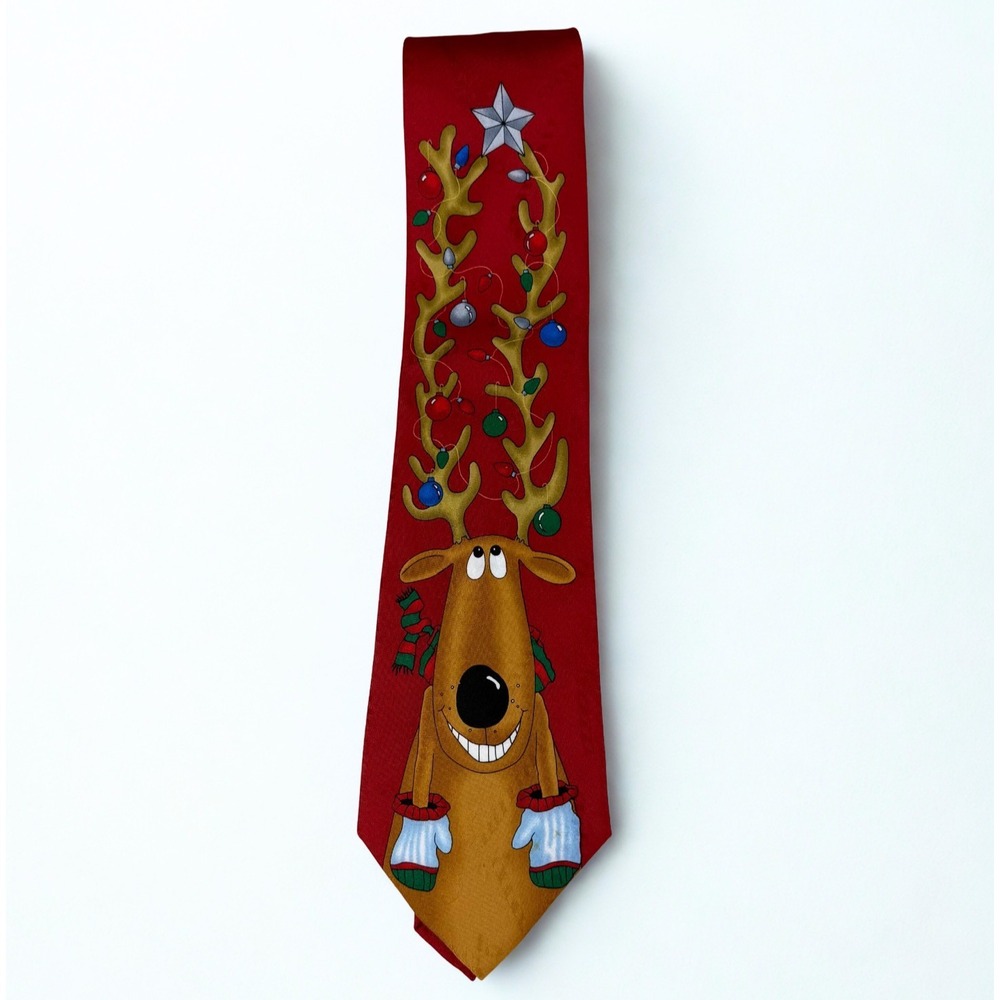 Hallmark Holiday Tie Reindeer‎ Christmas Novelty Necktie Red Yule Festive Cheer